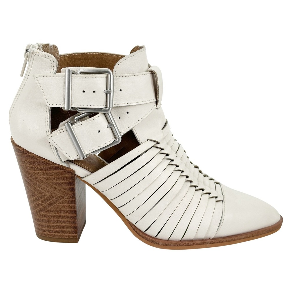 Gianni Bini Cream Leather Caged Ankle Booties cutout Pointed Toe‎ Block Heel 6M
